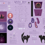 Witches Brew product packaging with various designs and text on a purple background