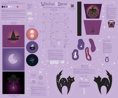 Witches Brew product packaging with various designs and text on a purple background