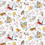 A repeating Christmas-themed pattern featuring Winnie the Pooh and his friends in Santa hats, with scrolls, letters, and red handwritten text on a pale blue background.
