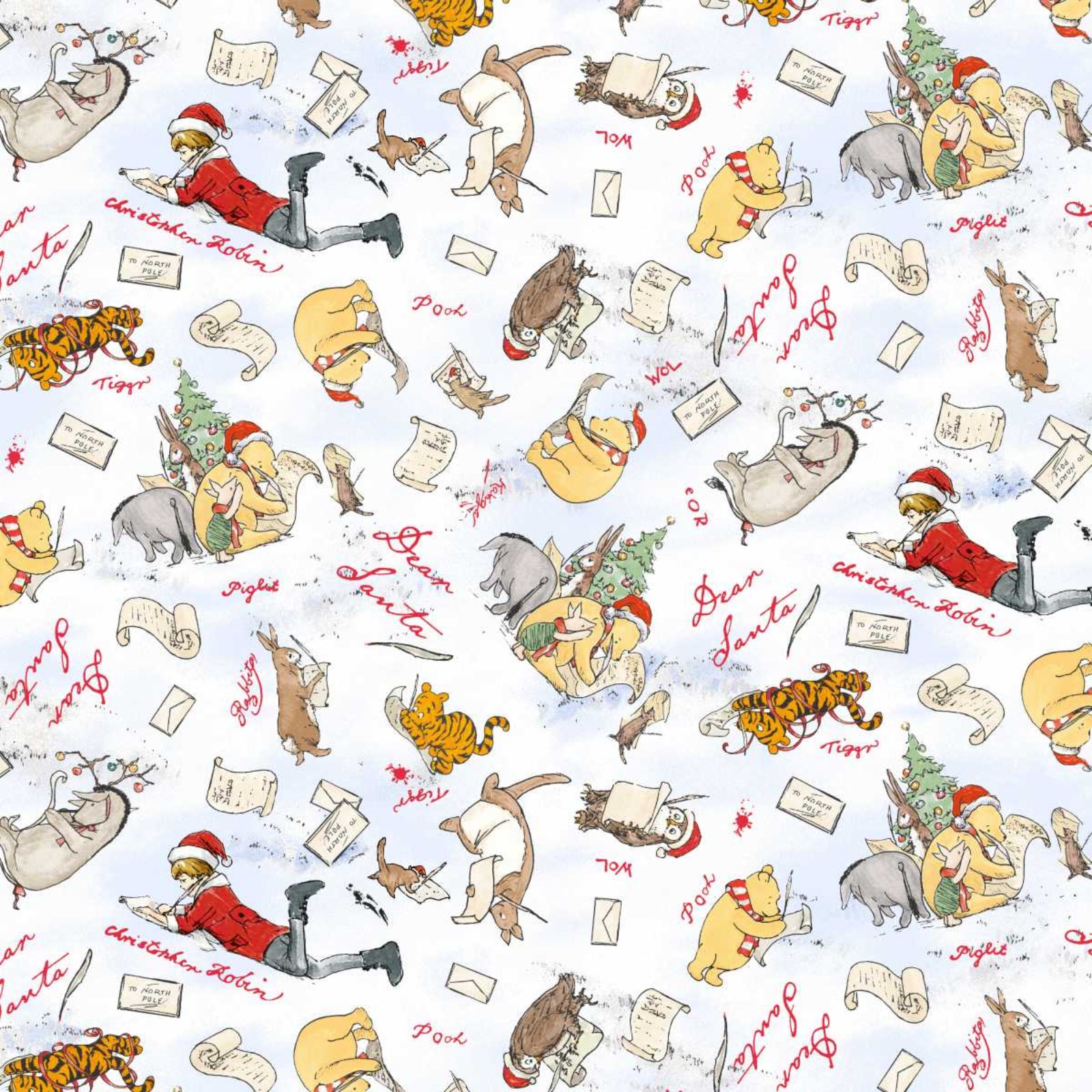 A repeating Christmas-themed pattern featuring Winnie the Pooh and his friends in Santa hats, with scrolls, letters, and red handwritten text on a pale blue background.