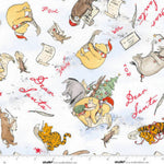 A repeating Christmas-themed pattern featuring Winnie the Pooh, Tigger, Dory, and other Disney characters with red handwritten text on a white background.