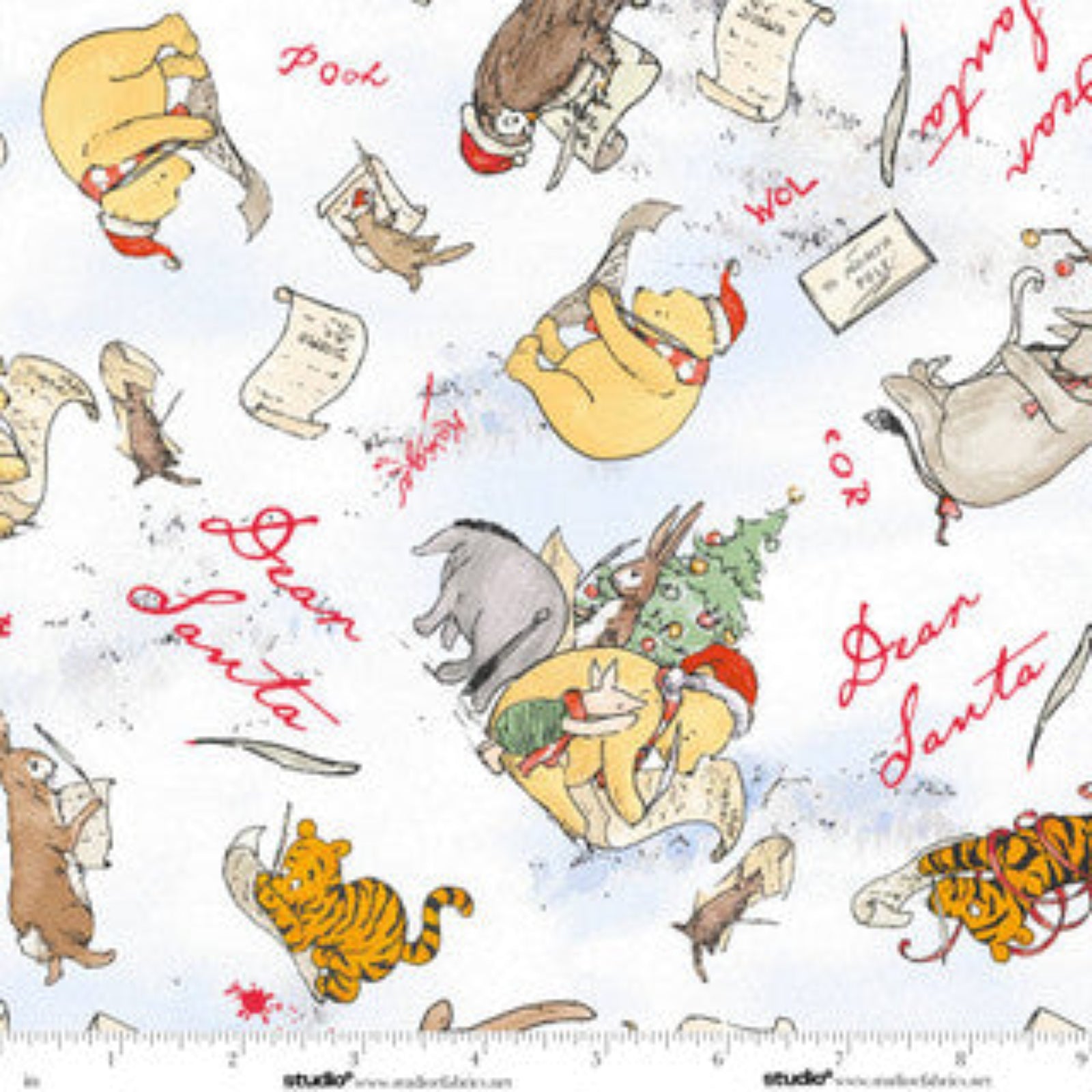 A repeating Christmas-themed pattern featuring Winnie the Pooh, Tigger, Dory, and other Disney characters with red handwritten text on a white background.