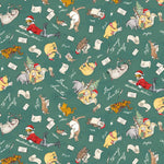 A repeating Christmas-themed pattern on a dark teal-green background featuring Winnie the Pooh and Tigger characters lying on the floor, wrapped in Santa hats, with scrolls reading 'Merry Christmas' and 'Happy Santa Day'.