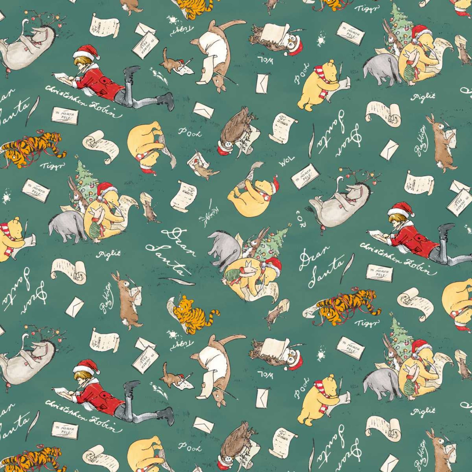 A repeating Christmas-themed pattern on a dark teal-green background featuring Winnie the Pooh and Tigger characters lying on the floor, wrapped in Santa hats, with scrolls reading 'Merry Christmas' and 'Happy Santa Day'.
