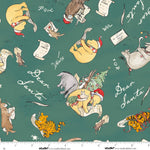 Christmas-themed fabric with Winnie the Pooh and friends on a green background
