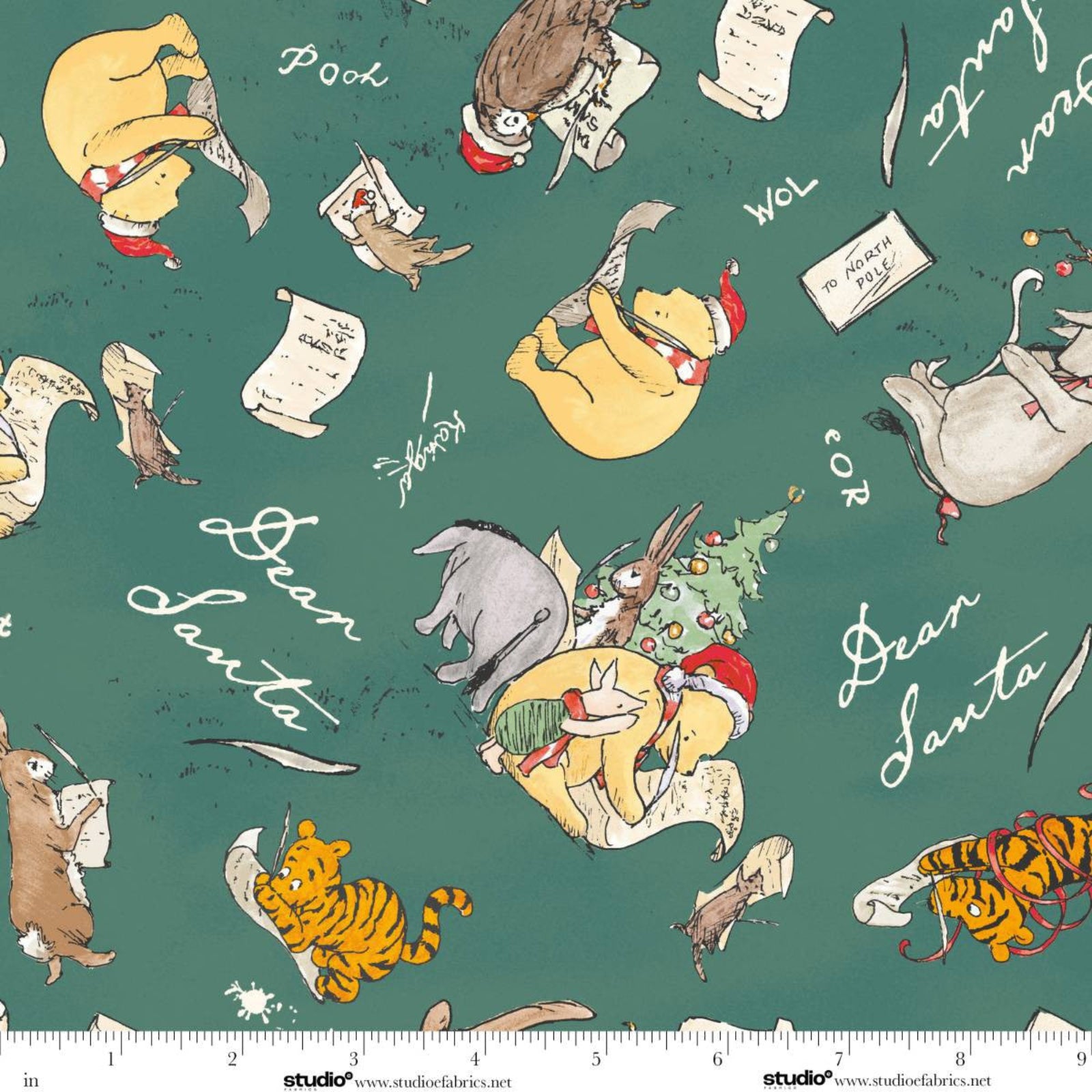Christmas-themed fabric with Winnie the Pooh and friends on a green background