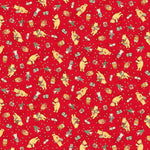 A repeating Christmas-themed pattern on a bright red background, featuring yellow cartoon bears holding gifts and ornaments, with small white dots and green accents throughout.