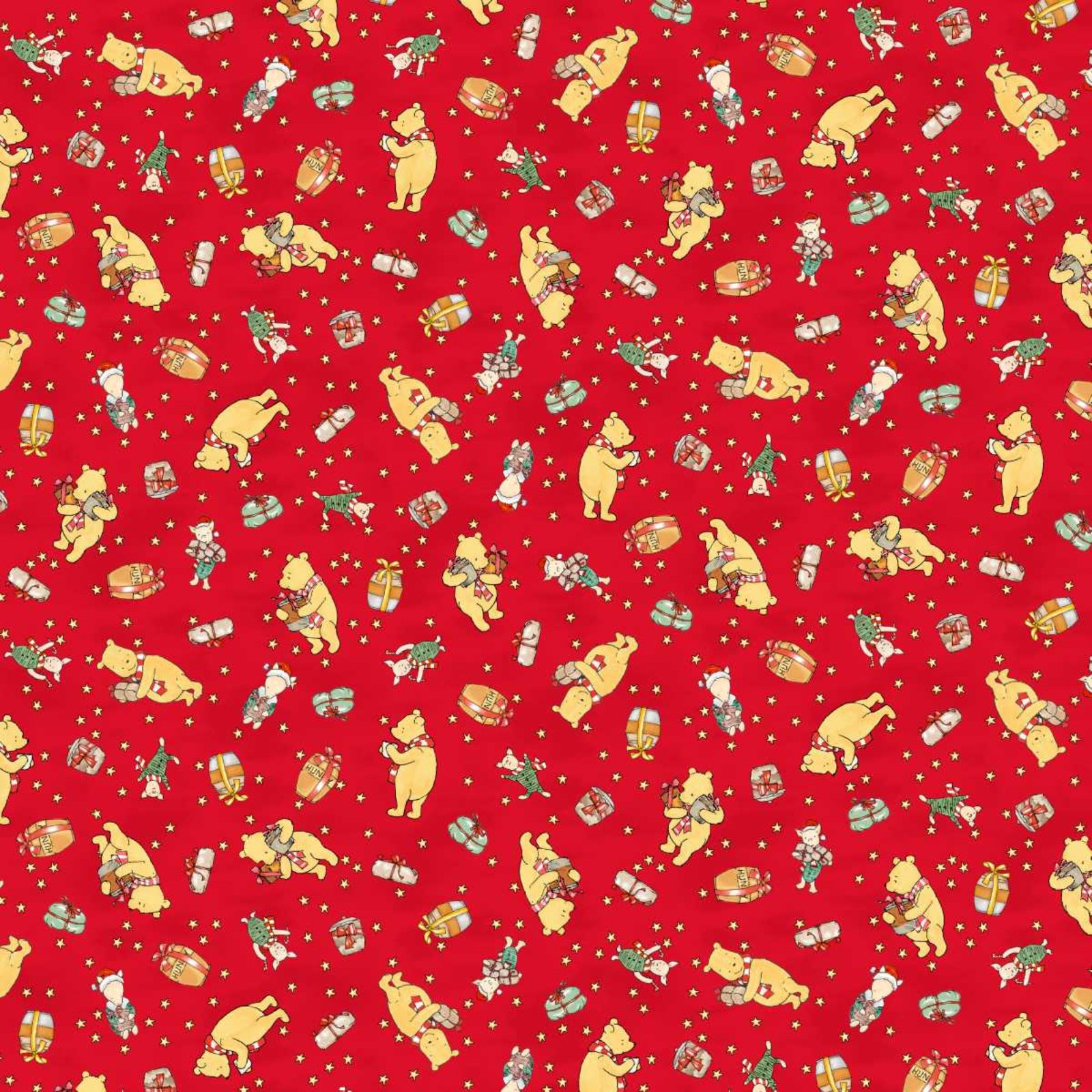 A repeating Christmas-themed pattern on a bright red background, featuring yellow cartoon bears holding gifts and ornaments, with small white dots and green accents throughout.