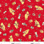 Fabric pattern with cartoon characters on a red background