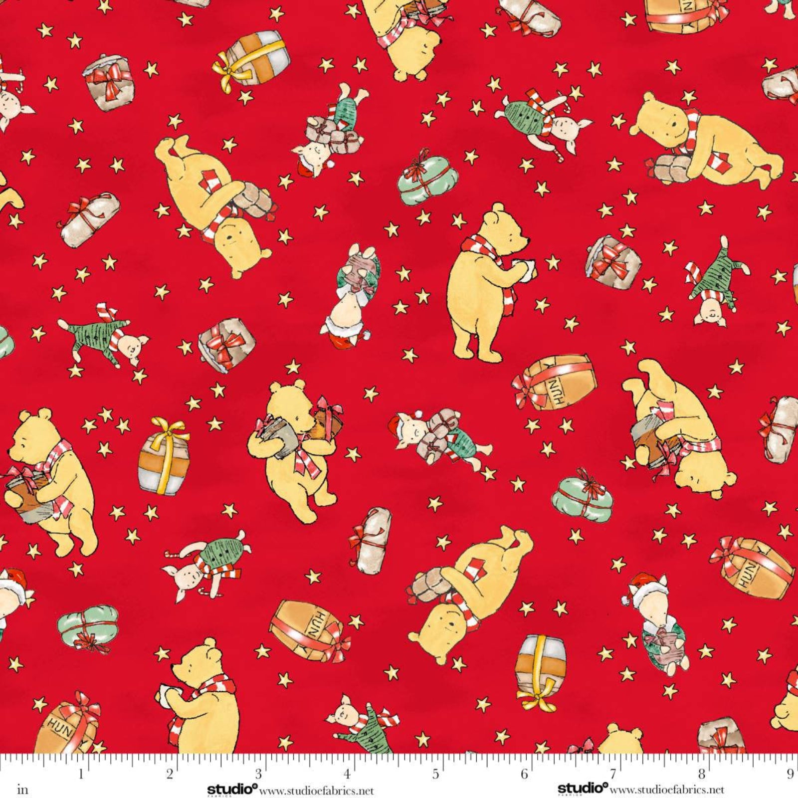 Fabric pattern with cartoon characters on a red background
