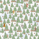 A repeating Christmas-themed pattern featuring green Christmas trees with ornaments, wrapped gifts, snowflakes, and small illustrated characters on a white background.