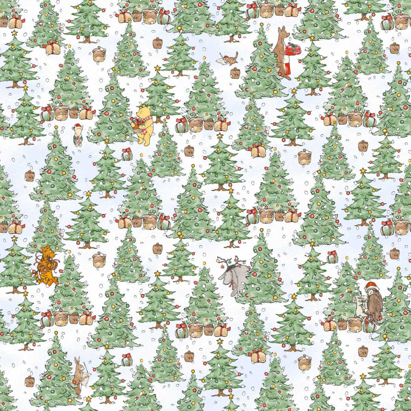 A repeating Christmas-themed pattern featuring green Christmas trees with ornaments, wrapped gifts, snowflakes, and small illustrated characters on a white background.