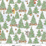 A repeating Christmas forest pattern on a white background, featuring green Christmas trees with ornaments, wrapped gifts, snowflakes, and small illustrated characters. 
