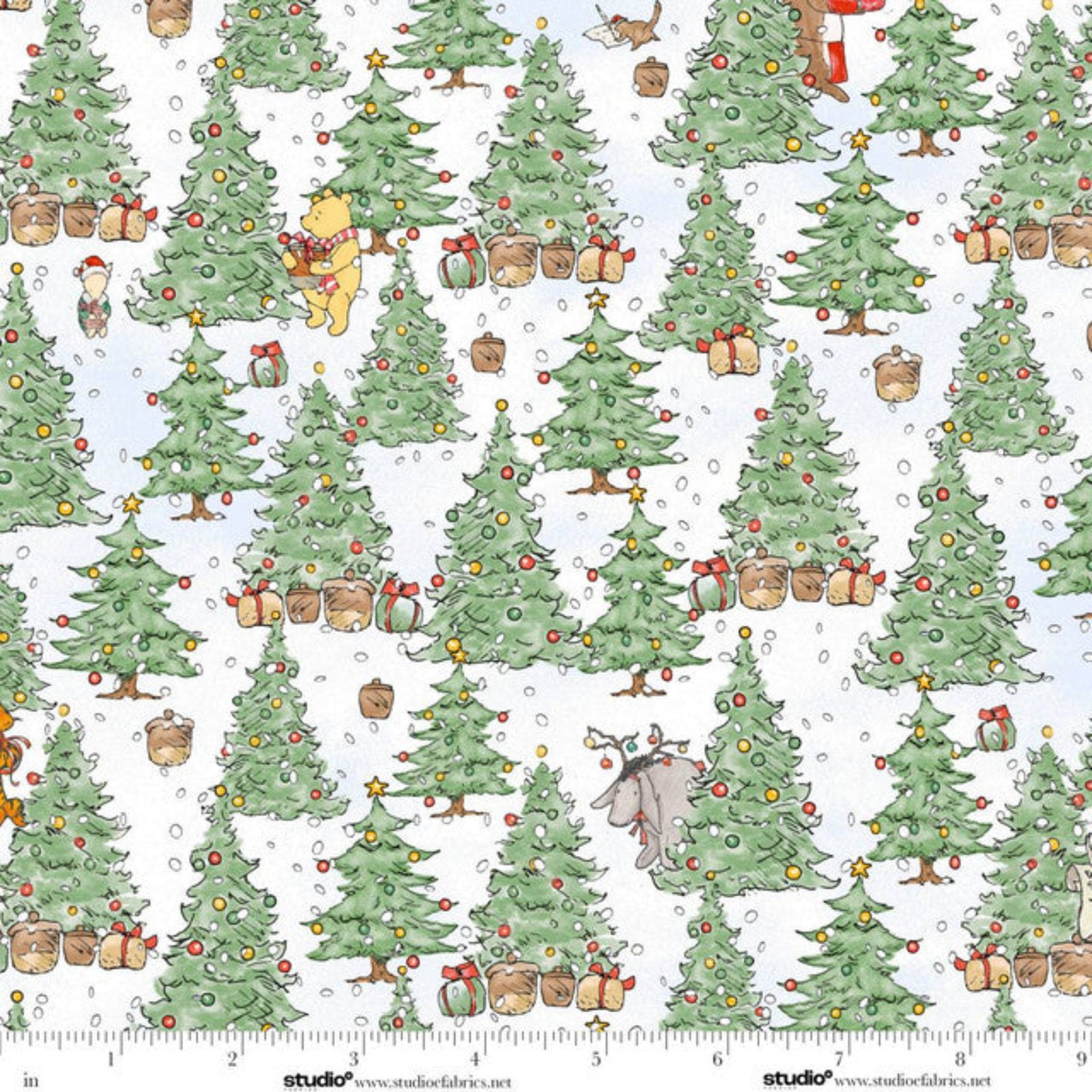 A repeating Christmas forest pattern on a white background, featuring green Christmas trees with ornaments, wrapped gifts, snowflakes, and small illustrated characters. 