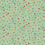 A repeating Christmas-themed pattern on a light mint green background, featuring small illustrated Piglet as Santa Claus, red bows, wrapped gifts, and tiny gold stars.
