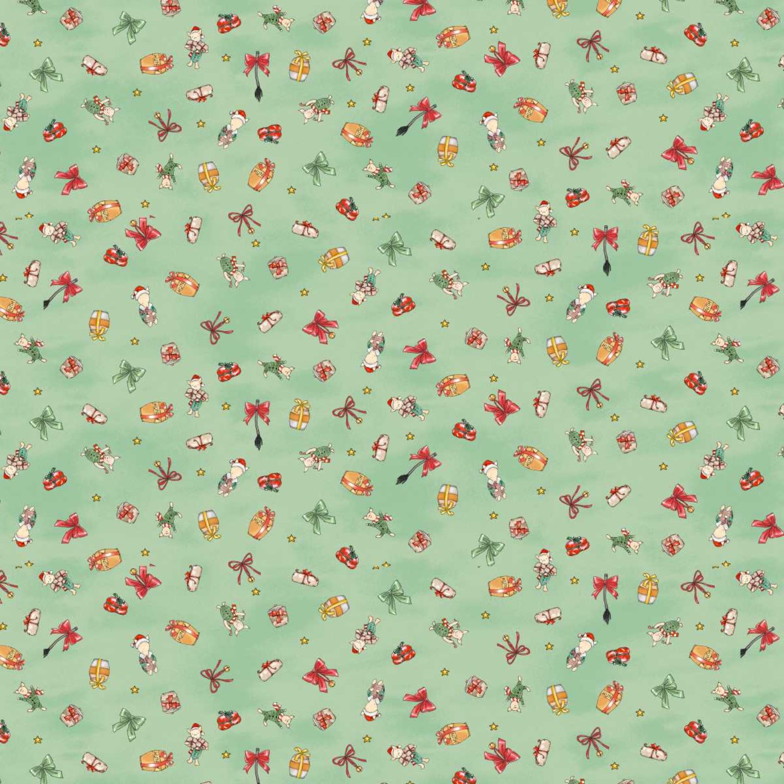 A repeating Christmas-themed pattern on a light mint green background, featuring small illustrated Piglet as Santa Claus, red bows, wrapped gifts, and tiny gold stars.