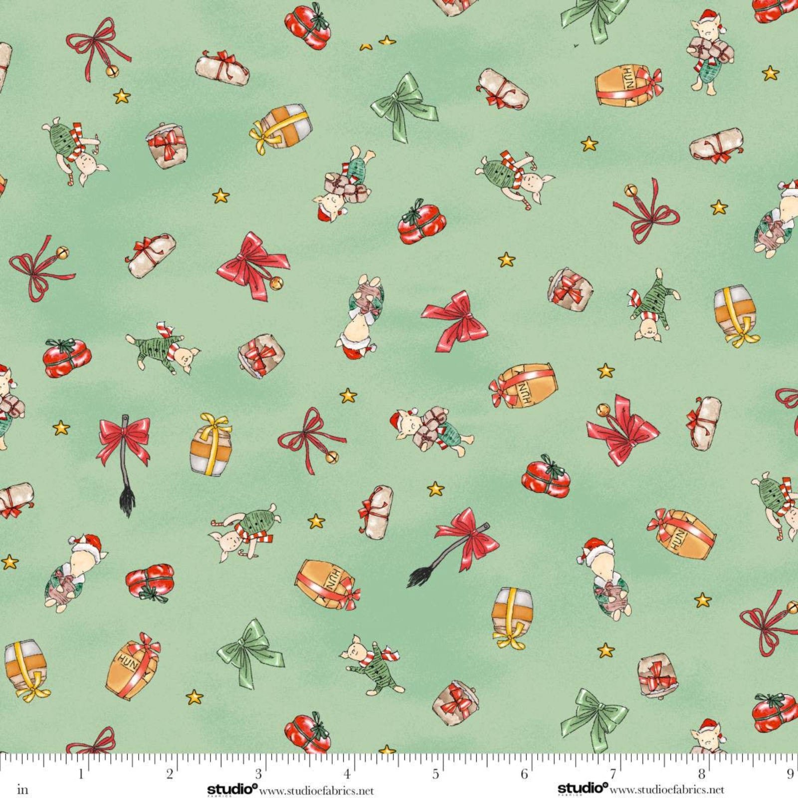 Christmas-themed fabric pattern with Piglet as Santa Claus and presents on a green background.