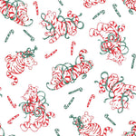A repeating festive pattern featuring red-and-white striped cartoon tigers wrapped in green ribbons, candy canes, and green bows on a white background.