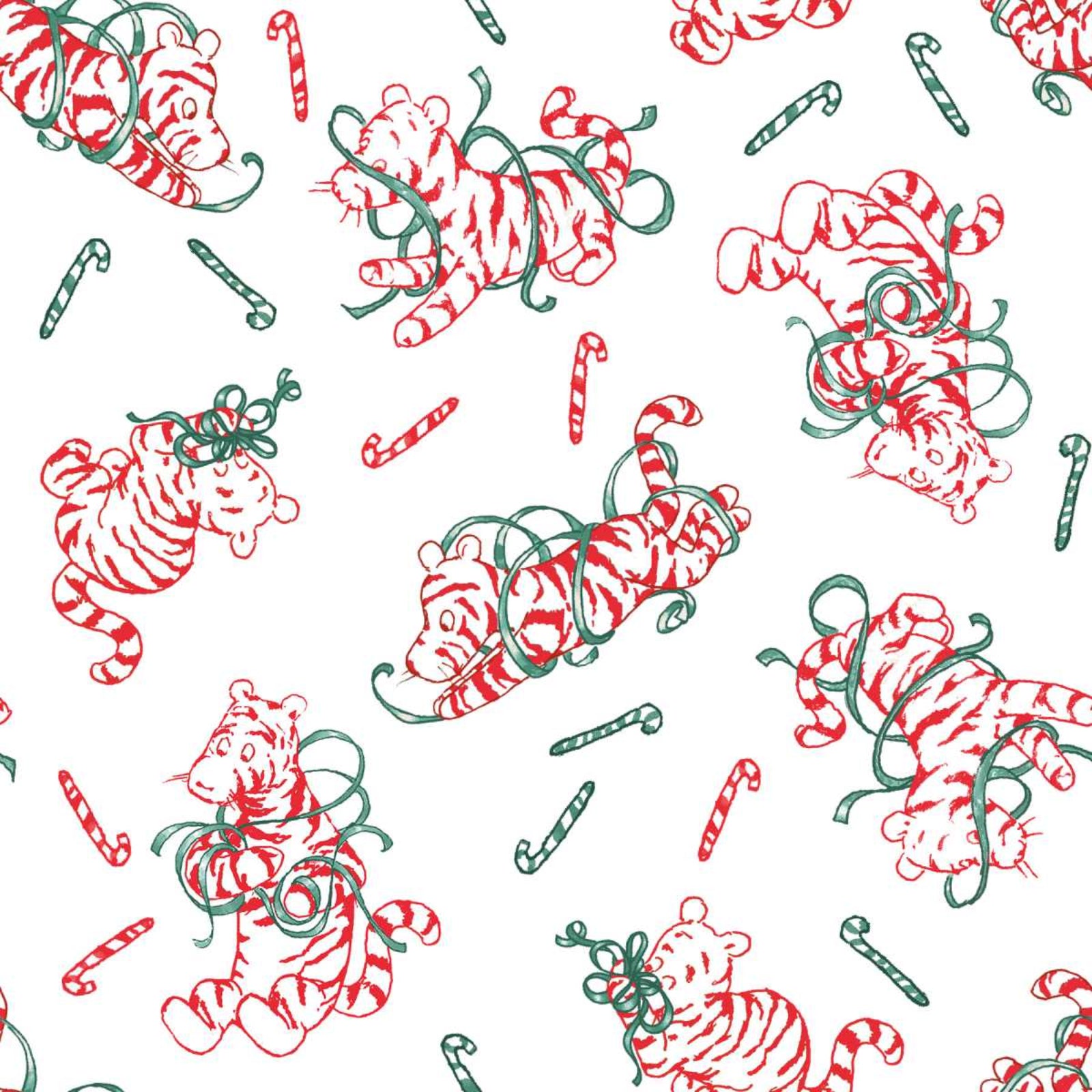 A repeating festive pattern featuring red-and-white striped cartoon tigers wrapped in green ribbons, candy canes, and green bows on a white background.