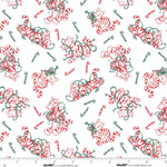 A repeating fabric pattern featuring red and white striped tigers and green candy canes on a white background, with a small Studio E Fabrics ruler visible along the bottom edge.