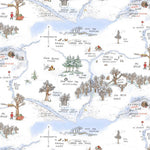 A repeating illustrated pattern of a whimsical map with trees, houses, rivers, compasses, and small characters on a white background.