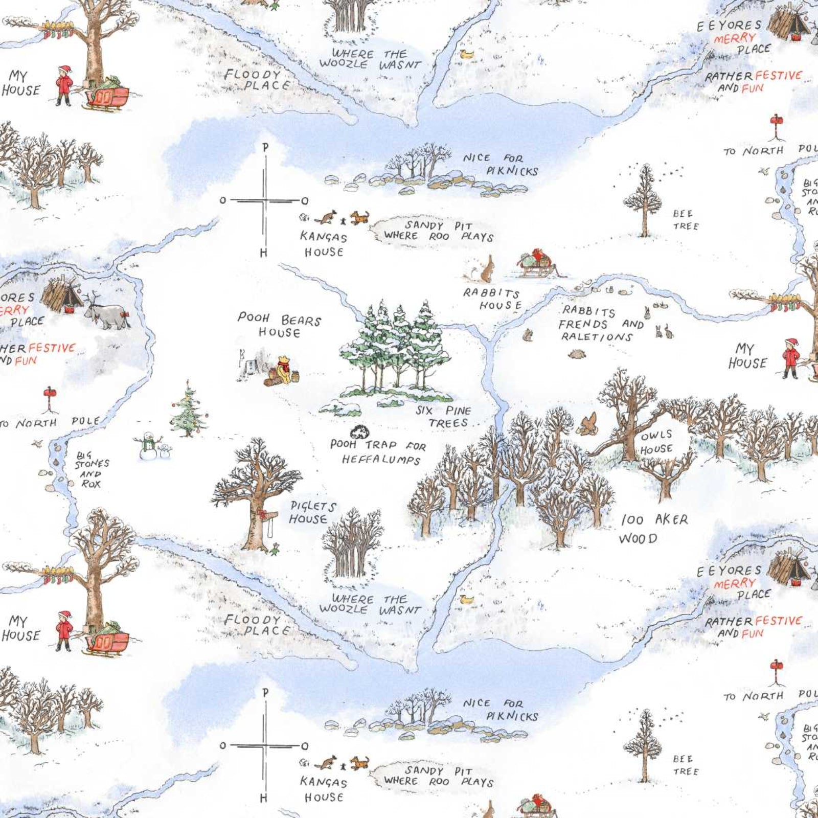 A repeating illustrated pattern of a whimsical map with trees, houses, rivers, compasses, and small characters on a white background.