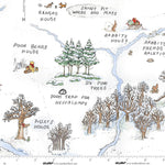 Illustrated map of a forest with various locations labeled, featuring trees and a river.