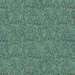 A repeating Christmas pattern featuring hand-drawn pine trees decorated with ornaments, falling snow, and small red gift boxes on a muted sage green background.