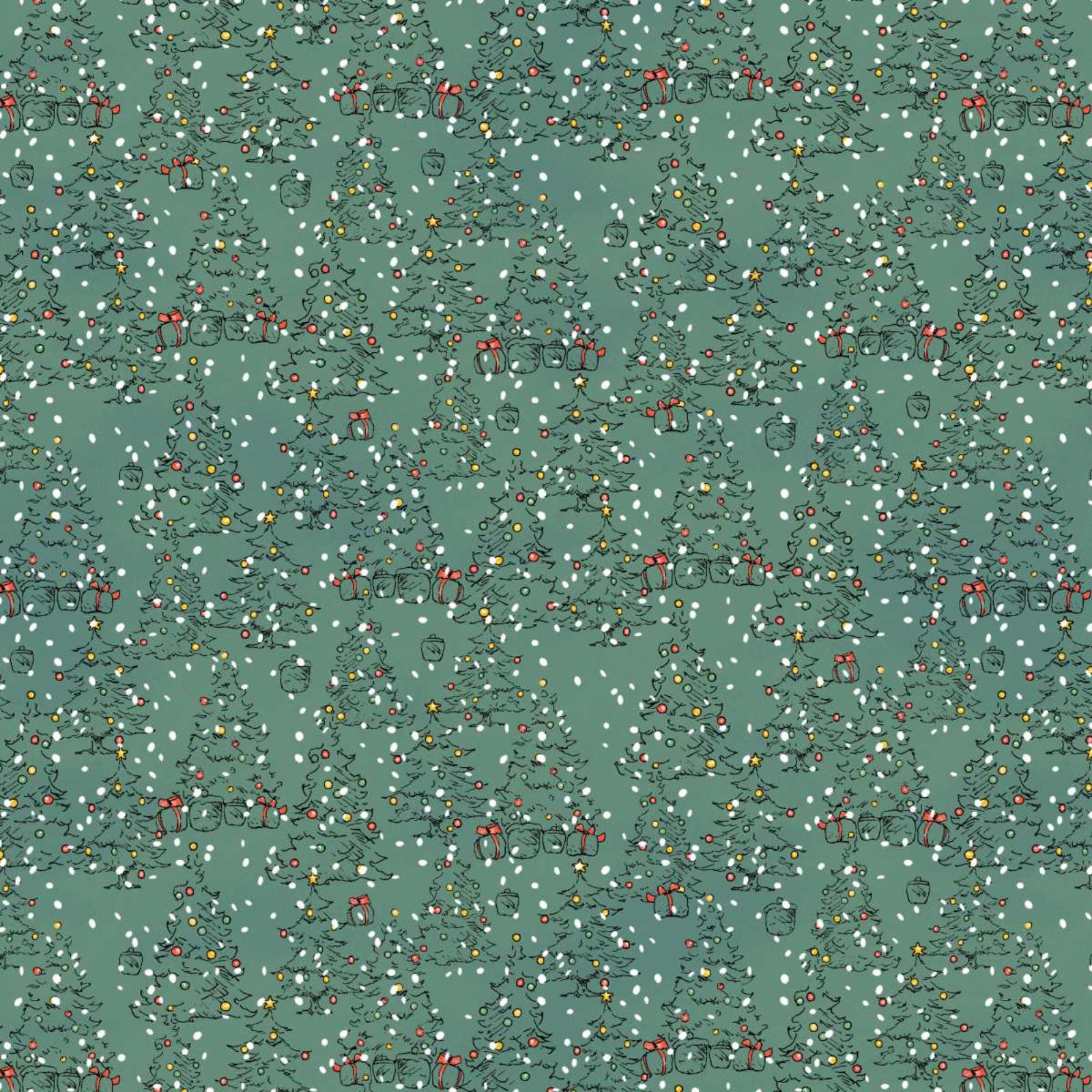 A repeating Christmas pattern featuring hand-drawn pine trees decorated with ornaments, falling snow, and small red gift boxes on a muted sage green background.