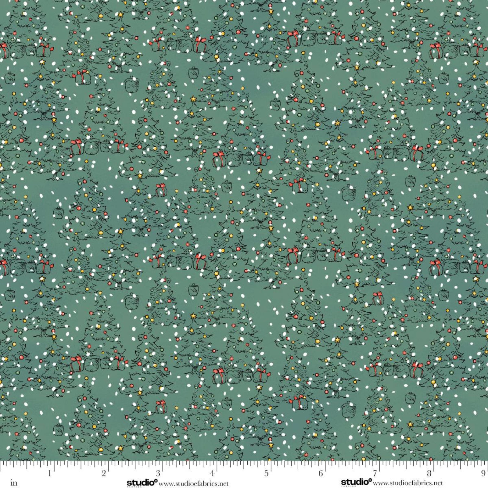 Patterned fabric with small Christmas trees and lights on a green background