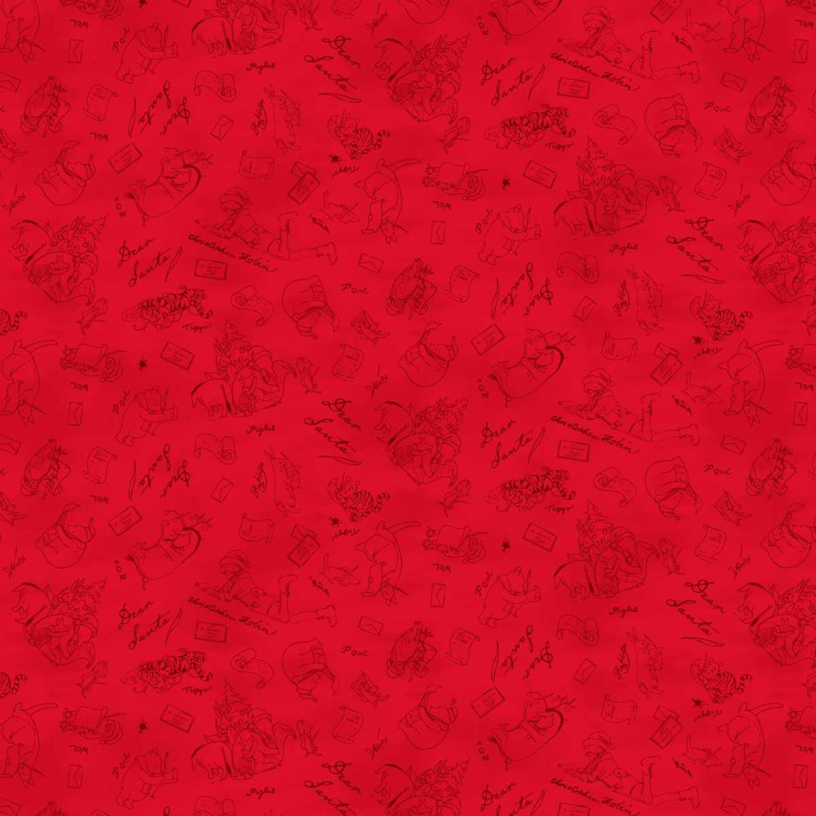 A close-up of a red patterned fabric or material swatch with a repeating sketches of the characters of the 100 Acre Wood writing to Santa.