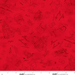 Red fabric with black Christmas-themed illustrations of the characters of the 100 Acre Wood writing to Santa