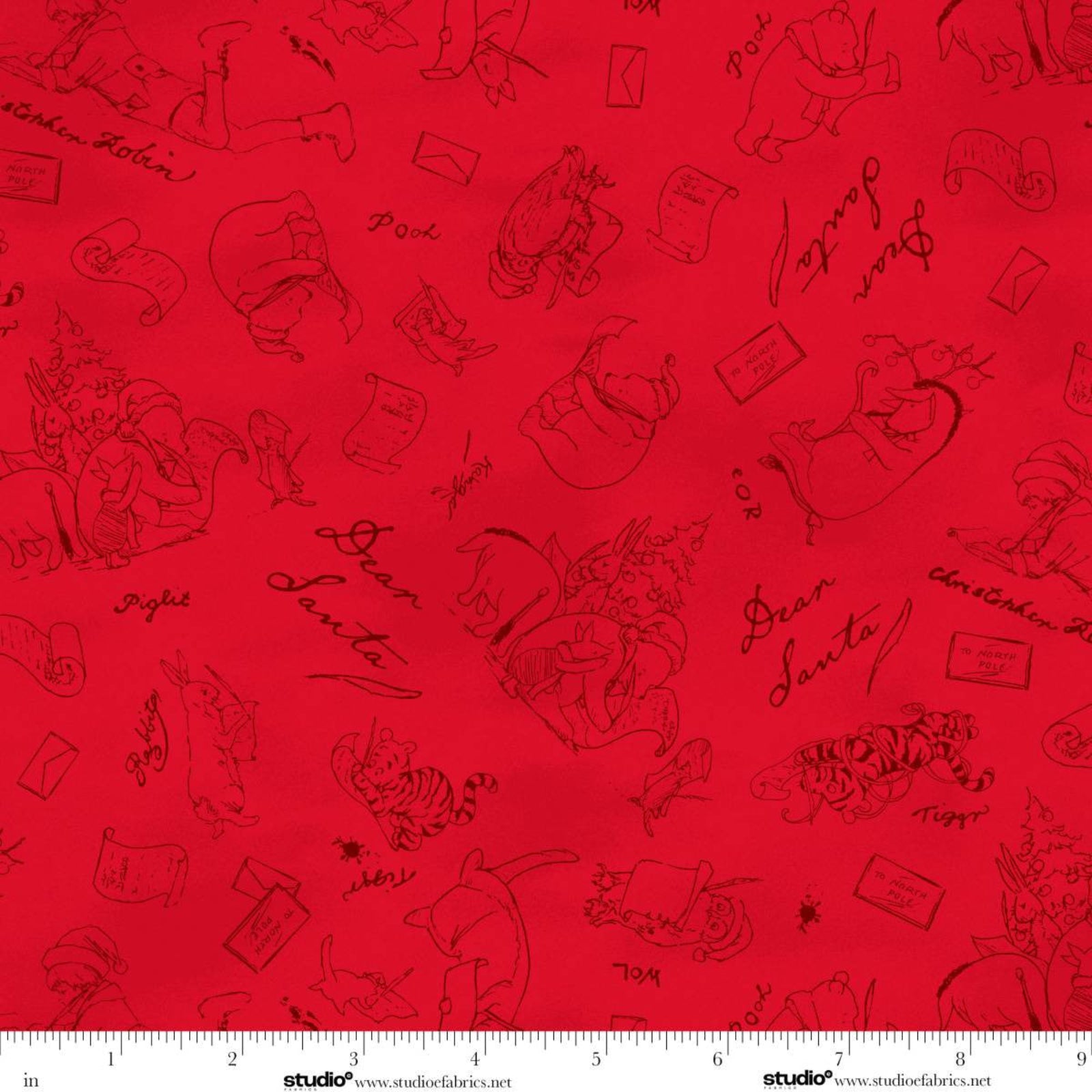 Red fabric with black Christmas-themed illustrations of the characters of the 100 Acre Wood writing to Santa