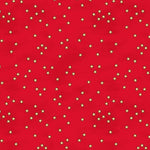 Red fabric with a scattered pattern of small gold stars.