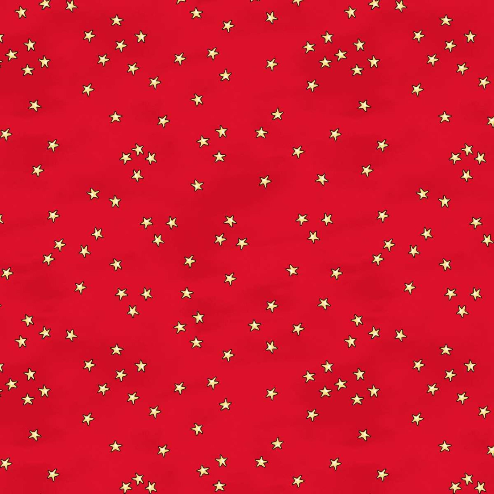 Red fabric with a scattered pattern of small gold stars.