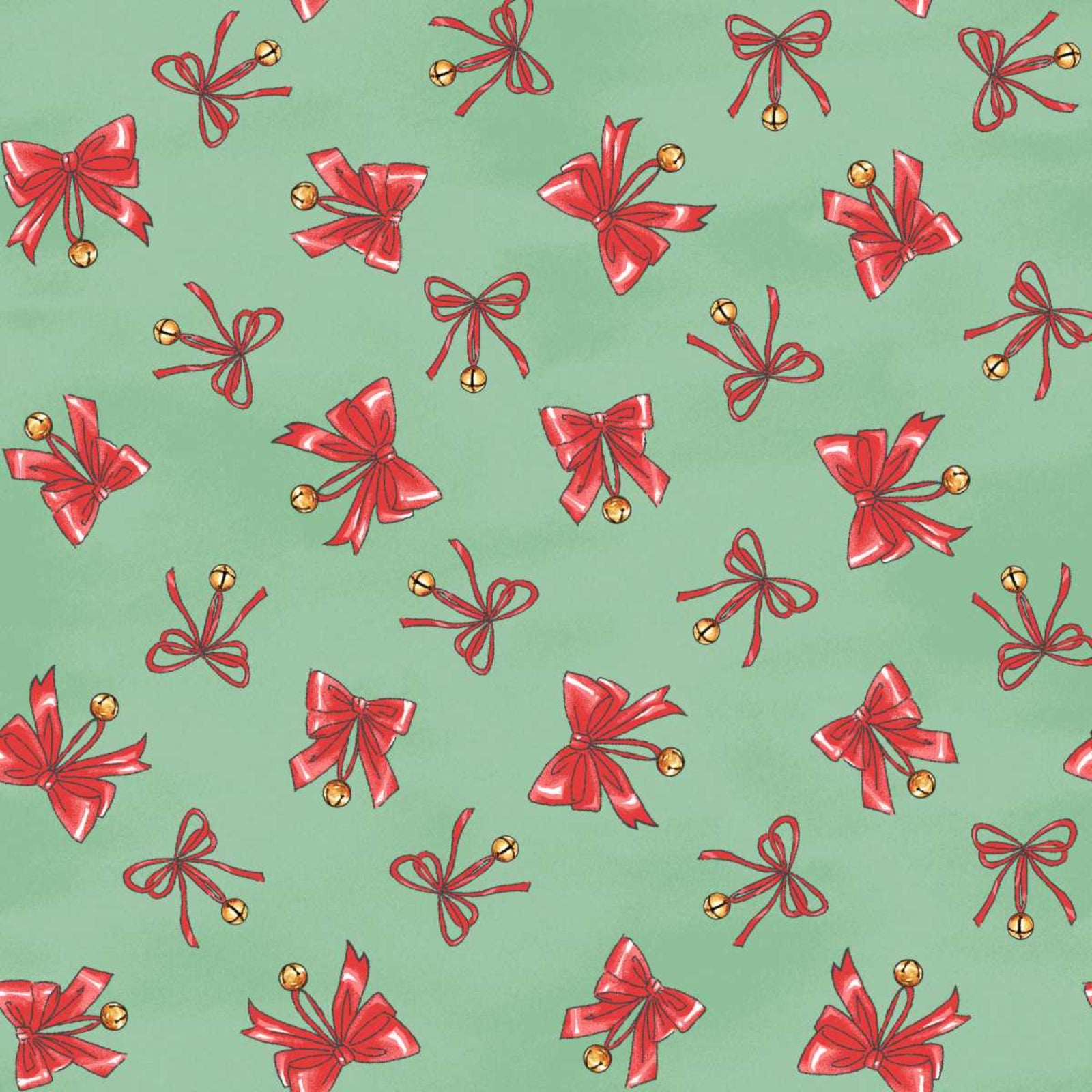 A repeating pattern of red gift bows with small gold bells on a light mint green background.