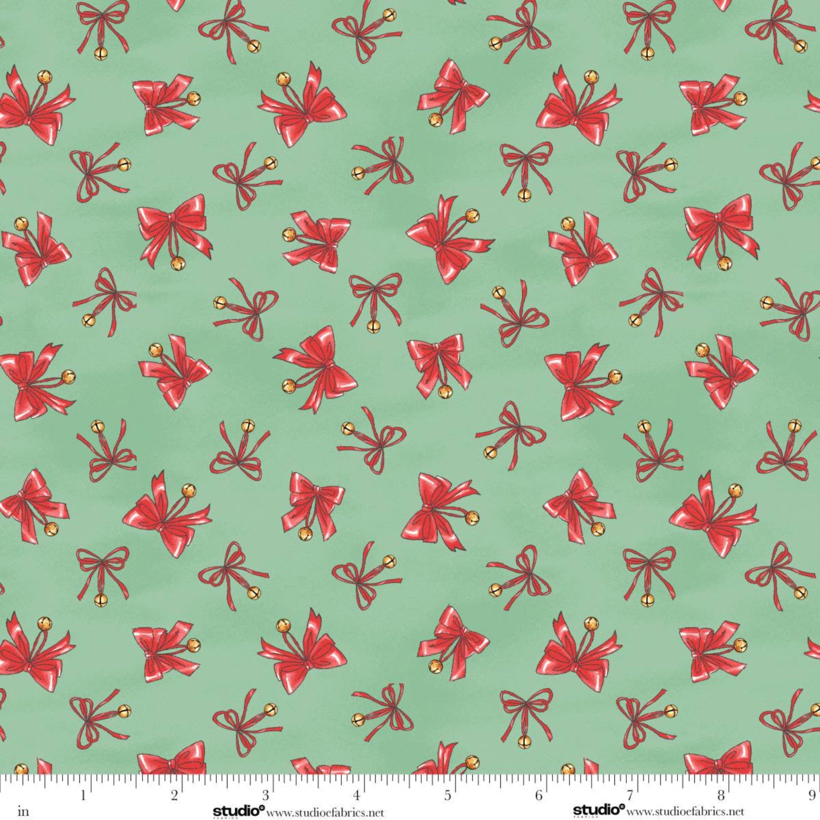 Pattern of red bows with gold centers on a green background