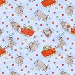 A repeating Christmas-themed pattern on a light blue background, featuring Eeyore as a reindeer with antlers pulling red sleighs loaded with green gifts, scattered red and green ornaments, and white snowflakes.