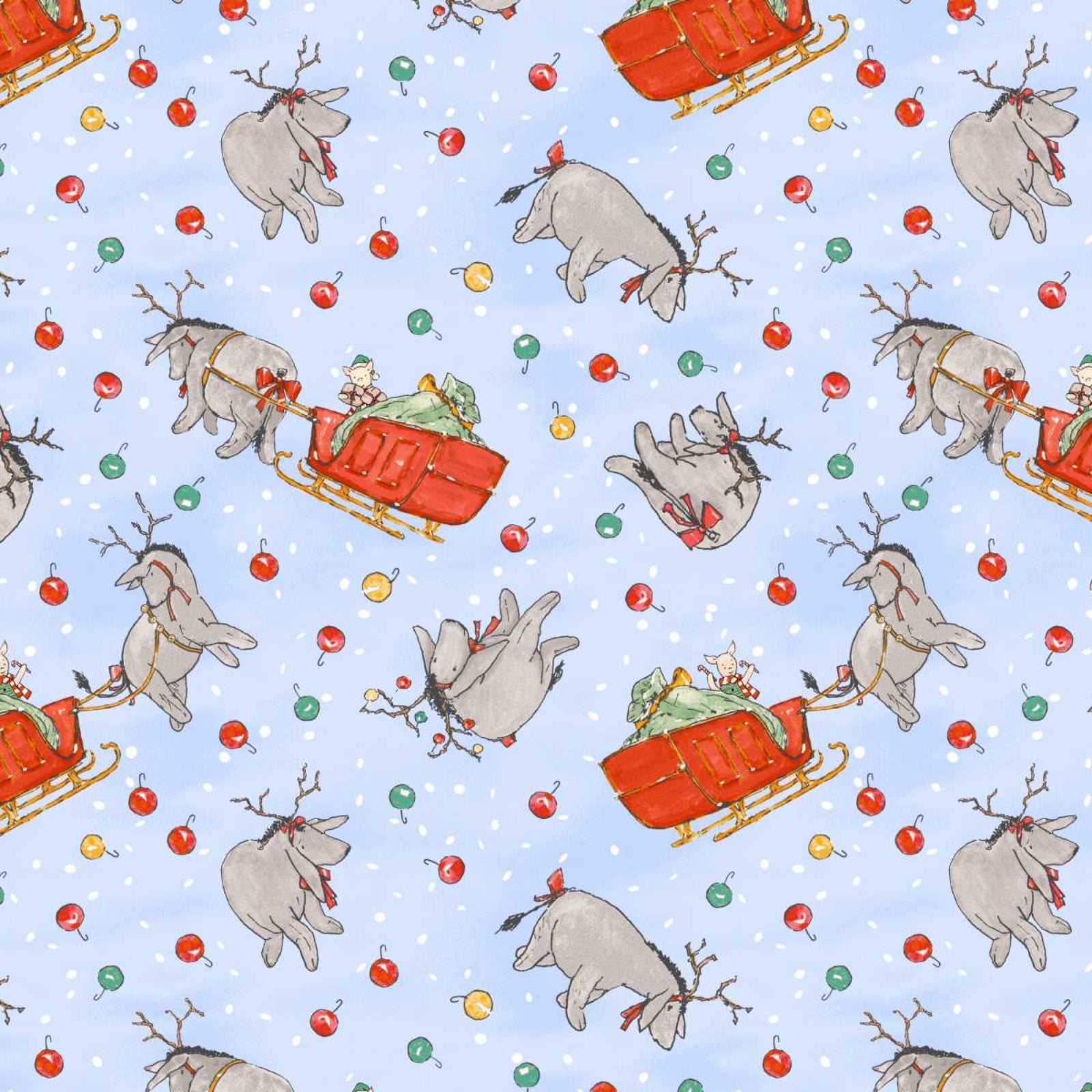 A repeating Christmas-themed pattern on a light blue background, featuring Eeyore as a reindeer with antlers pulling red sleighs loaded with green gifts, scattered red and green ornaments, and white snowflakes.