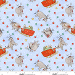 Pattern of Eeyore as a reindeer with sleighs and Christmas elements on a light blue background.