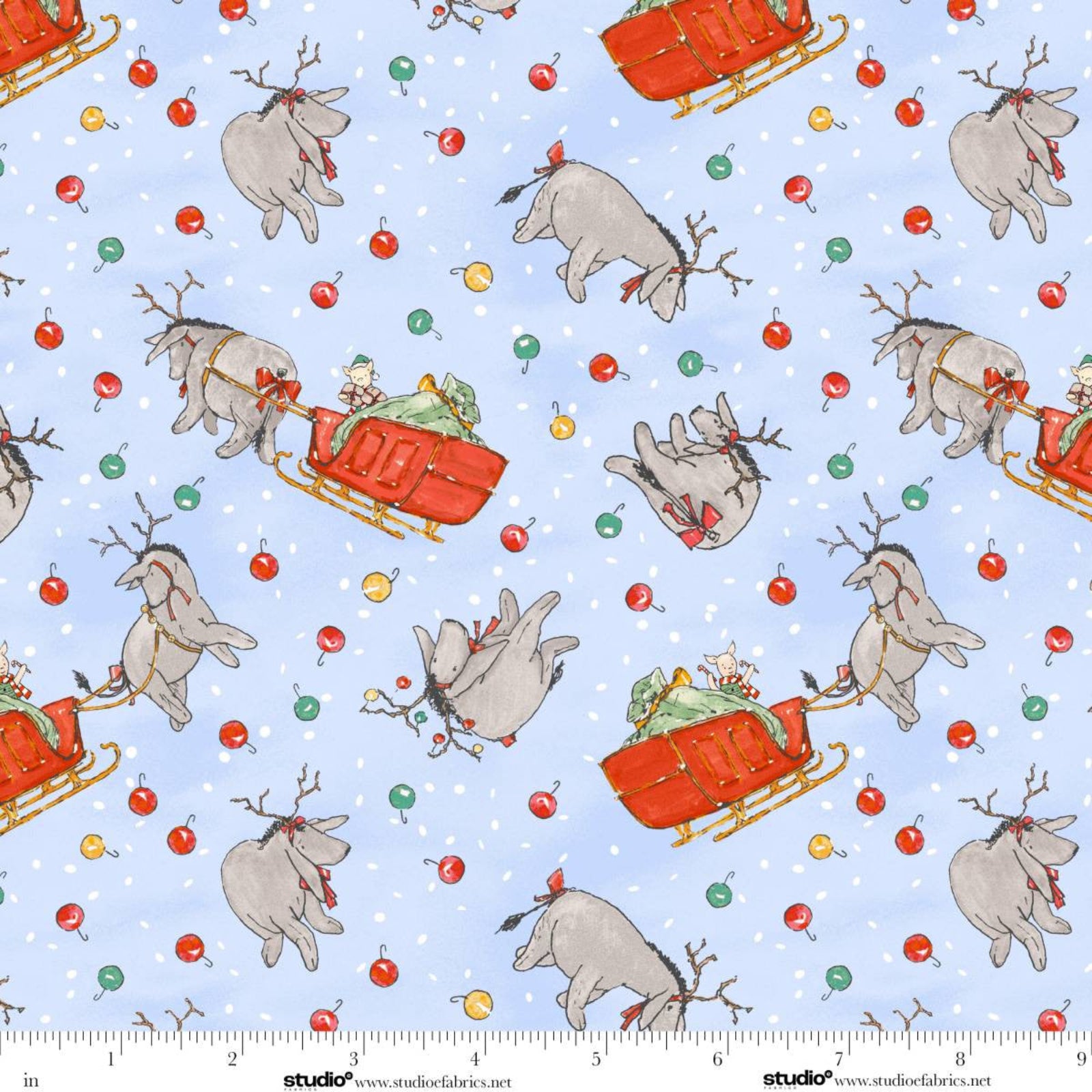 Pattern of Eeyore as a reindeer with sleighs and Christmas elements on a light blue background.