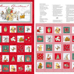Christmas-themed fabric panel with cartoon characters and festive designs on a red and white striped background.