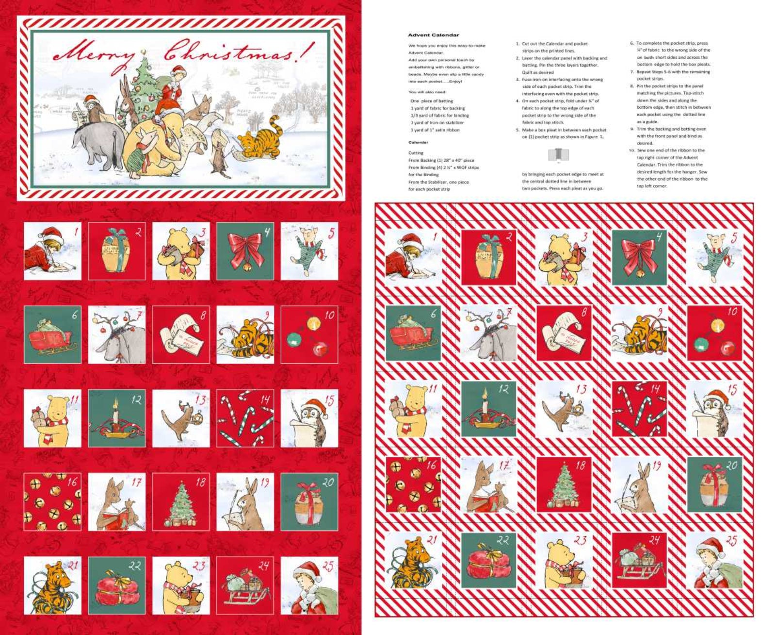 A Christmas-themed craft or sewing pattern booklet page showing a festive collage of holiday illustrations, a red patterned grid of small square panels, and printed text instructions on a white page.