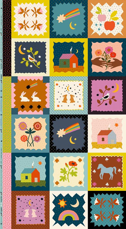 Patchwork quilt with colorful squares featuring various illustrations.
