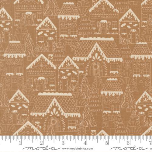 Pattern of gingerbread houses on a brown background