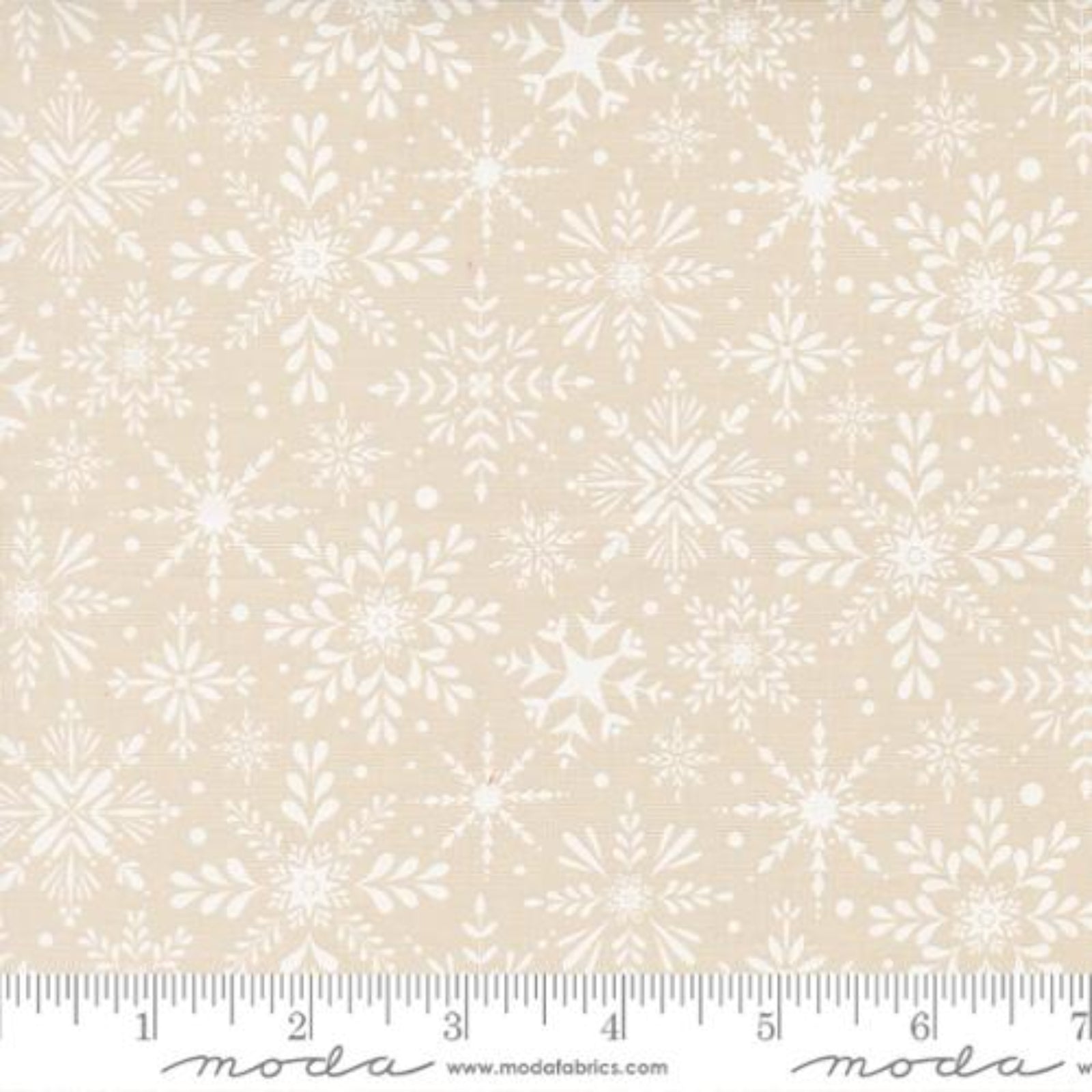 Beige fabric with white snowflake pattern.