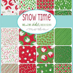 Collection of Christmas-themed fabric swatches with 'Snow Time' label from Me and My Sister Designs.