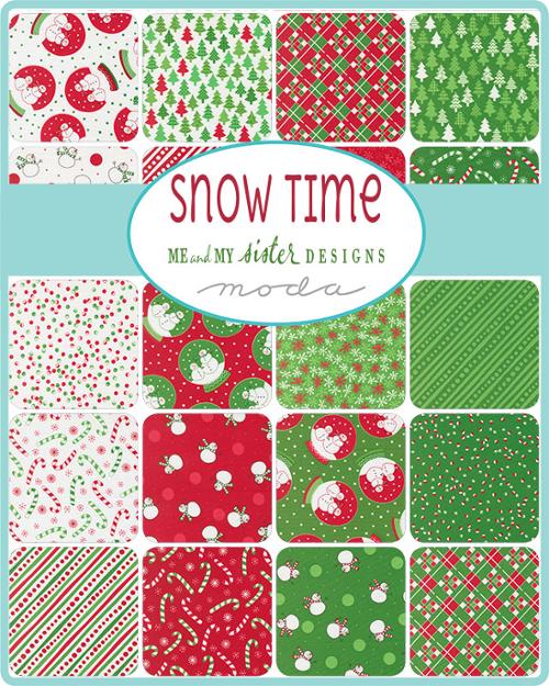 Collection of Christmas-themed fabric swatches with 'Snow Time' label from Me and My Sister Designs.