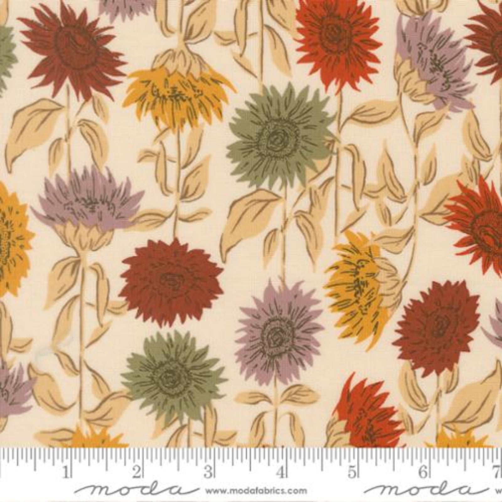 Floral fabric pattern with a ruler at the bottom for scale, featuring sunflowers and other flowers on a beige background.
