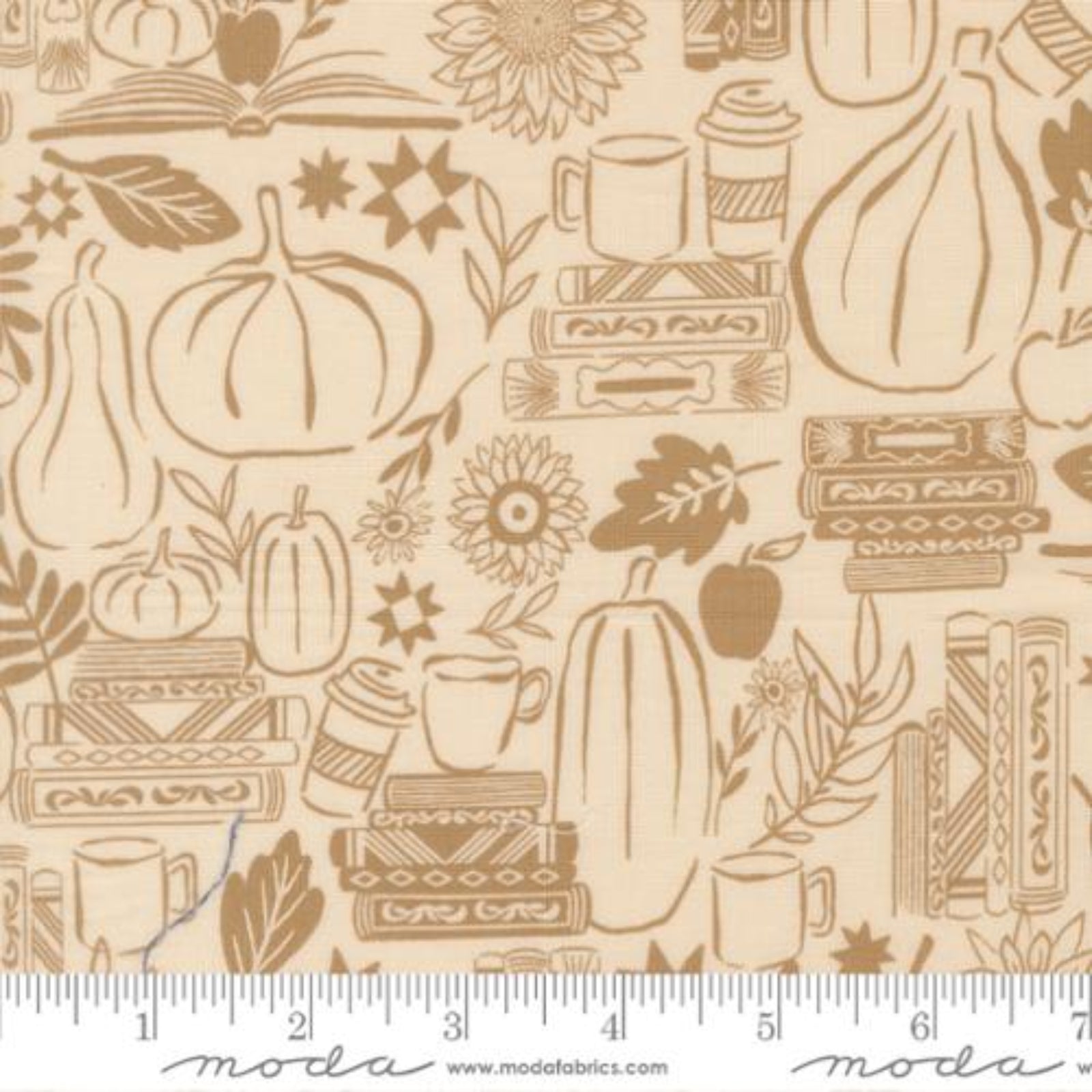 Fabric pattern with pumpkins, books, and mugs on a beige background, featuring Moda label.